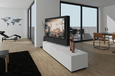 swissHD Twist als Raumteiler, TV mit hochwertigen Lautsprecher sind 360° drehbar