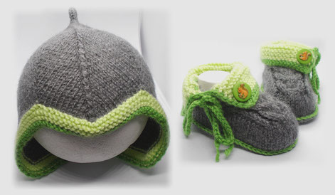 Handgestricktes Babyset unisex: Babymütze, Babyschuhe mit Eichhörnchenknöpfen