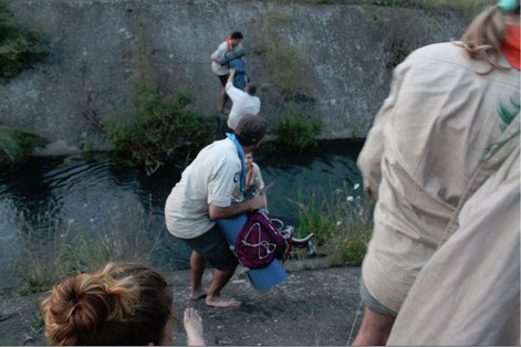 Fluss Überquerung mit Rucksäcken