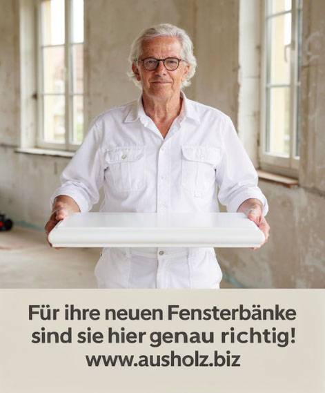 Stefan steht auf einer Baustelle und hält eine weiße Fensterbank mit dem Profil AUGUSTENBURG aus MDF