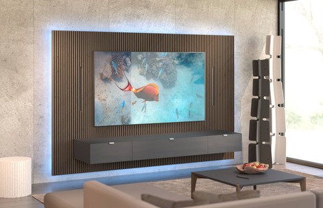Wohnwand mit integrierten Lautsprecher von swissHD, eine elegante Heimkinolösung