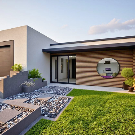 Façade de maison contemporaine avec bardage et crépis