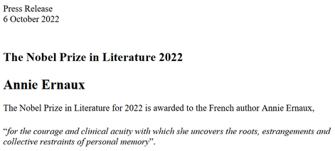 Screenshot der Verkündung und kurzen Begründung zur Verleihung des Literaturnobelpreises 2022 an die französische Autorin Annie Ernaux