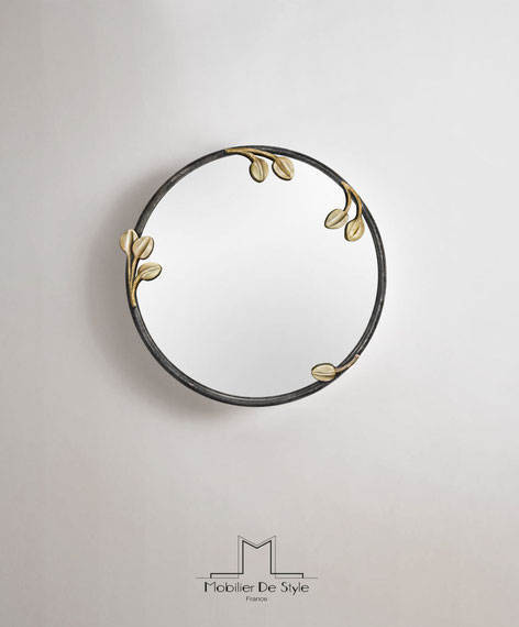 miroir rond Vegetal acier gris, feuillage en bronze