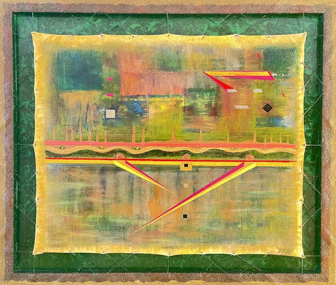 Kunstinstallation „Planbare Spannung“ mit gespannter LKW-Plane auf Holz, Drahtführung, Wellenstruktur. Symbol für Lebensrhythmus, Zusammenarbeit und Balance zwischen Kontrolle und Bewegung. Ausdruck innerer wie äußerer Spannung mit positiver Energie.
