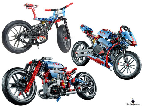 Die Besonderheit im Lego Paket 42036 ist, dass es ein 2-in-1-Modell ist. Das heisst es kann daraus ein Strassenmotorrad oder ein Retro-Bike gebaut werden.