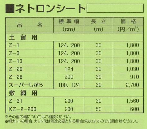 プラスチック製布団かごに使用される、ネトロンシートを写真付きで規格と価格を号車解するページです。