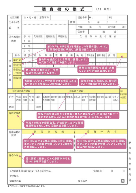 静岡県公立高校をめざすあなたへ,リーフレット,高校入試の基礎知識,入試制度,調査書