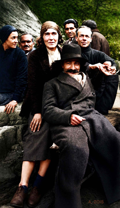 April 1932. Meher Baba with (L-R) Delia De Leon, Ghani Munsiff, Margaret Starr, Adi K. Irani, Quentin Tod at East Chalacombe, England. Image rendition by Anthony Zois.