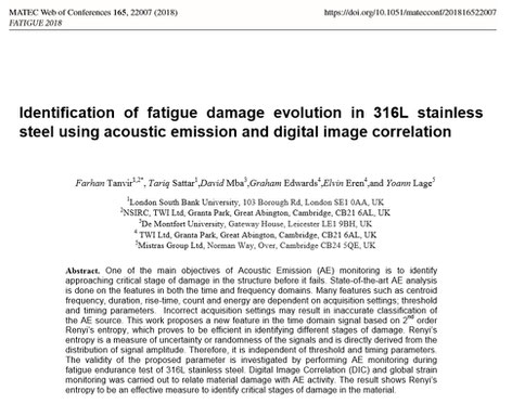 Farhan Tanvir, Tariq Sattar, David Mba , Graham Edwards, Elvin Eren and Yoann Lage: Identification of fatigue damage evolution in 316L stainless steel using acoustic emission and digital image correlation