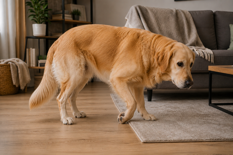 Golden Retriever steht in einem Wohnzimmer mit umgeknickter Vorderpfote (Knuckling) als Zeichen einer propriozeptiven Störung.