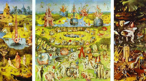 El Bosco, Tríptico del Jardín de las Delicias (abierto). Óleo sobre tela, tríptico, 220 x 390 cm. Museo Nacional del Prado, Madrid. 1480-90.