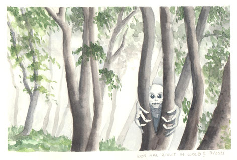 Aquarellstudie "Wer hat Angst im grünen Wald?": Baumstämme, zwischen denen ein unheimliches Wesen hervor starrt