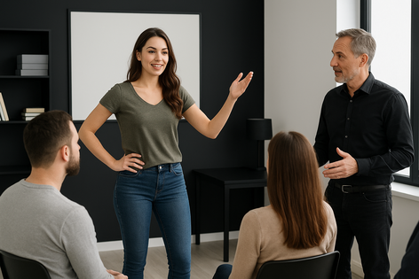 Schauspieltraining mit Schauspielübungen zur Verbesserung von Selbstwahrnehmung, Selbstkontrolle, Selbstbewusstsein, Präsenz, Ausstrahlung, Ausdruck. Hemmungen abbauen, souverän auftreten. Coaching und Training in Solingen, Köln, Düsseldorf, Wuppertal NRW