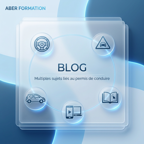Voiture, tablette, volant, panneau, livre tous les objets liés à l'apprentissage du code de la route sont presentss sur l'image blog avec en tire au mileu: Multiples sujets liées au permis de conduire.