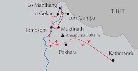 Landkarte Trekking-Reise durch Mustang in Nepal