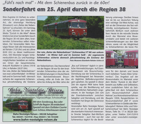 Sonderfahrt am 25. April durch die Region 38