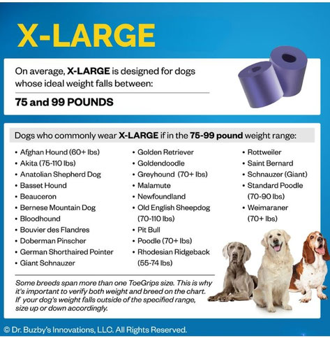 Größentabelle ToeGrips für große Hunde mit ca. 45-56 kg Körpergewicht