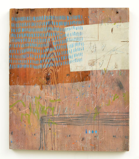 Plank No. 12, acrylic & drawing media on reclaimed pine, 13 1/2"x 11 1/4". Sold