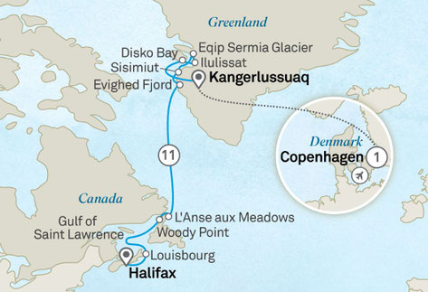 RoutenKarte: Mit der Scenic Eclipse von Kopenhagen nach Halifax