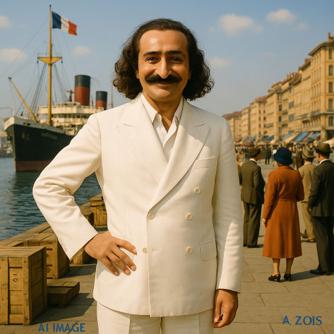 This AI created image shows Meher Baba at the port of Marseilles in the mid-1930s. Image produced by Anthony Zois.