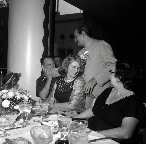 22nd July 1956 : Meher Baba with the Rudds at Longchamps Restaurant, Manhattan, NY. Lady in black is Lotretta Weller. is 