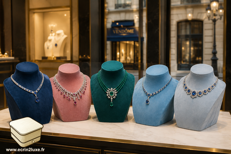 Buste en bois vitrine de luxe place vendome haute joaillerie bijoux incroyable, recouvert de cuir velours pour collier et pendentif