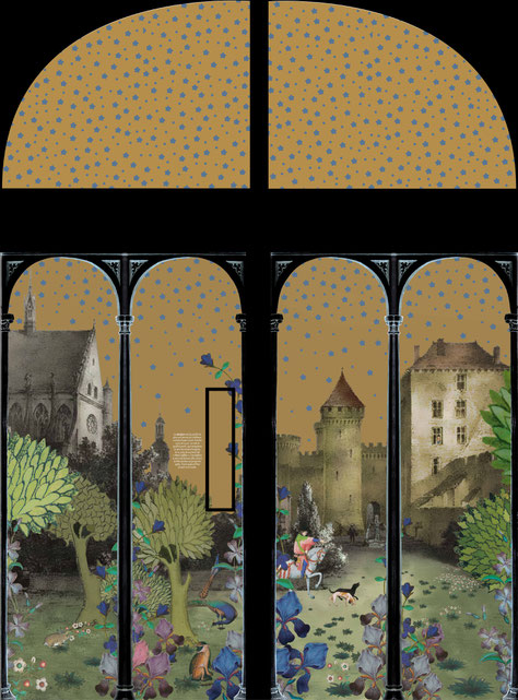 Décor pour porte représentant une vue ancienne de la cathédrale et du château. Une ouverture rectangulaire est aménagée afin de contempler le château des ducs de Bourbon. Cette composition est en lien avec la porte des retables précédemment réalisée.