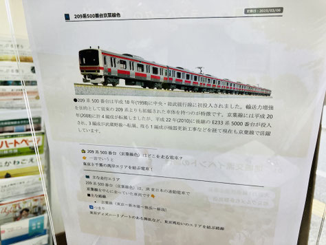 京葉線車両の概要がわかる展示パネル(実際の路線や特徴も紹介されています)