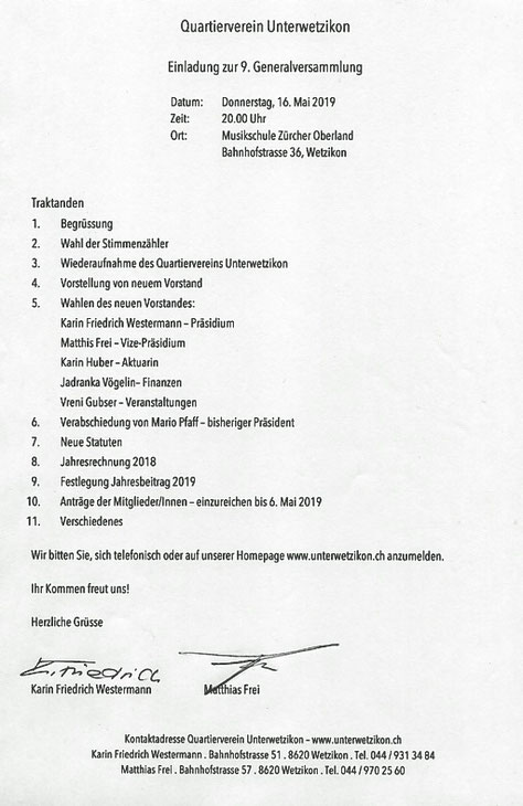 Einladung zur Generalversammlung 2019 des Quartierverein Unterwetzikon