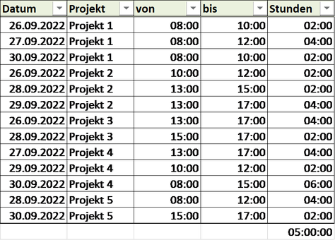 Abbildung: Beispiel eines Timesheets