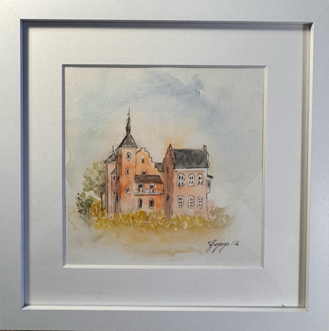 Schloss Blömer Heim, Neukirchen-Vluyn, Aquarell, 20 × 20 cm im Rahmen mit Passpartout