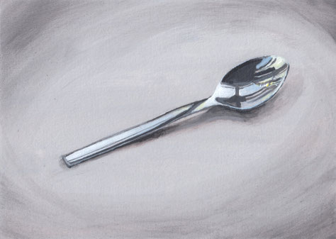 Acrylbild "Metallischer Löffel": in einer leichten Vignette auf grauem Hintergrund liegt ein metallisch glänzender Löffel