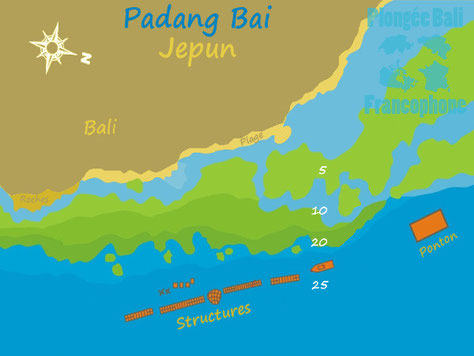 La carte du site de plongée de Jepun à Padang Bai, Bali.