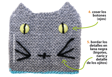 Tutorial: bolsillo en forma de gatito para aplicado tejido en dos agujas o palitos