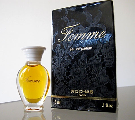 FEMME - EAU DE PARFUM 3 ML - FLACON AMPHORE, SERIGRAPHIE DOREE, BOUCHON PLASTIQUE BLANC, BOÎTE NOIRE