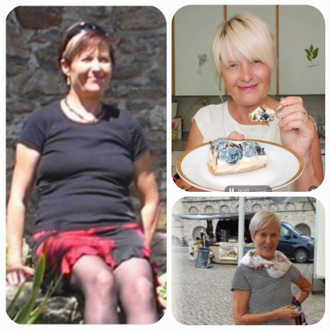 Bild von Regina Gottschlich: Vorher (45 Jahre, krank und übergewichtig) und nachher (56 und 61 Jahre, gesund und vital), die Transformation durch ganzheitliche Ernährung und Lebensweise.