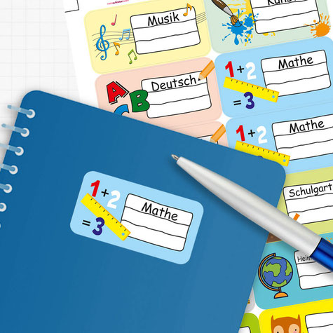 Heftaufkleber für die Grundschule zum selber beschriften - Motive passend zu den Unterrichtsfächern - Musik, Kunst, Deutsch, Mathe, Ethik oder Religion, Schulgarten, Werken, Heimat-und Sachkunde 