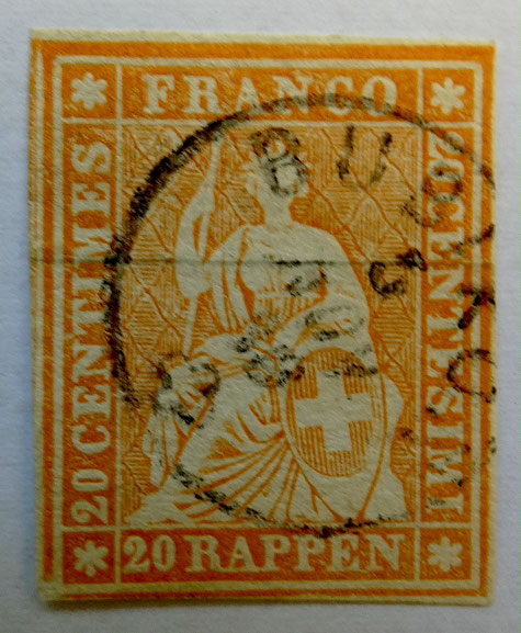 20-Rappen-Marke (sog. «Strubel» SBK Nr. 25 B3) mit Abstempelung «Bubikon» aus dem Jahr 1858