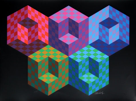 cinq cubes recouverts de damiers ont tous dans un angle un plus petit cube manquant mais avec l'effet Op Art on ne sait plus si ces cubes sont en avant ou en arrière # Provence #Art #AyniArt