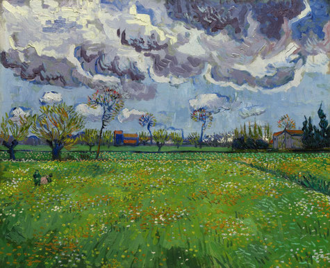 Un champ en fleurs bien vert, en bout quelques qui commencent à reverdir, une maison et puis un ciel avec d'énormes nuages gris et joufflus, avec de larges traits de couleurs propres à Van Gogh.