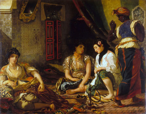 Ce tableau classique montre trois femmes dans un décor luxueux d'Alger, allongées, aux visages figés, on suppose en train de discutées avec une servante debout t qui s'en va et un narguilé tenant par l'une d'elles.