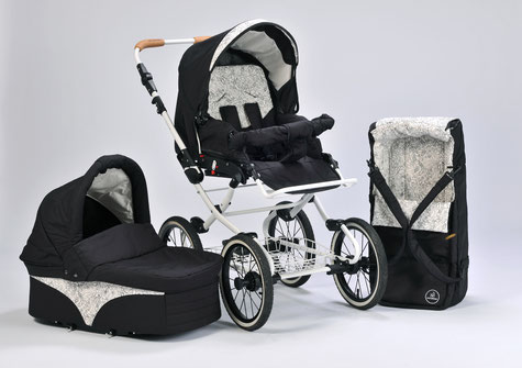Modell "Vita" in der Farbe "Nachtfalter" mit Babykorb und Tragenest