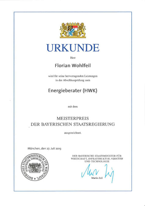 florian wohlfeil meisterpreis der bayerischen staatsregierung energieberater (HWK)