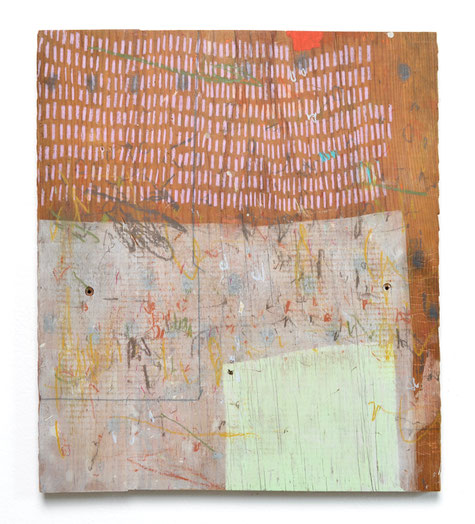 Plank No. 15, acrylic, oil enamel & drawing media on reclaimed pine, 13 3/4"x 11 3/4". Sold