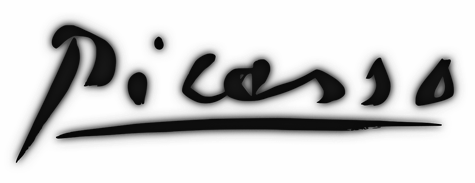 Signature en noir de Picasso légèrement floutée large trait au pinceau dynamiques, lettres assez graphiques un large trait souligne le nom après le P majuscule.