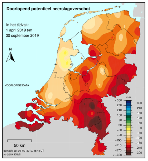Het neerslagtekort verschilt sterk in Nederland; het is hoog in het zuid-oosten van het land.