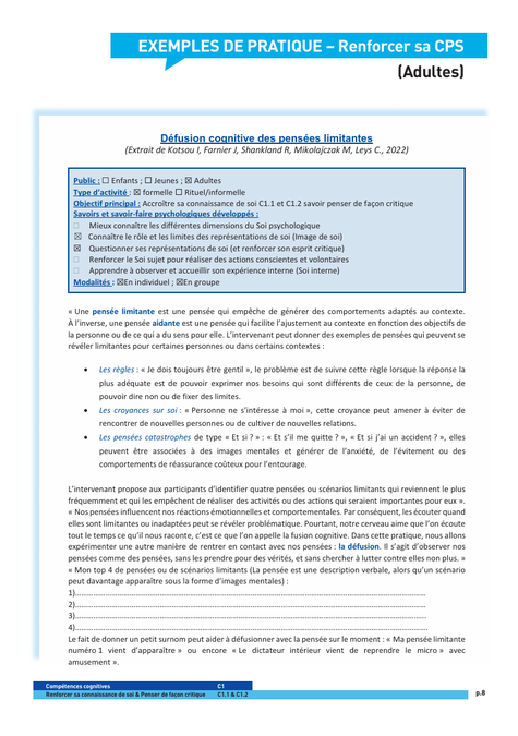 Compétences psychosociales. Renforcer sa connaissance de soi et penser de façon critique. CPS. Référentiel opérationnel à destination des professionnels experts et formateurs CPS. Fiches d'activités CPS. Béatrice Lamboy.