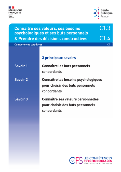 Compétences psychosociales. connaître ses valeurs, ses besoins et ses buts, et prendre des décisions constructives. CPS. Référentiel opérationnel à destination des professionnels experts et formateurs CPS. Fiches d'activités CPS. Béatrice Lamboy.