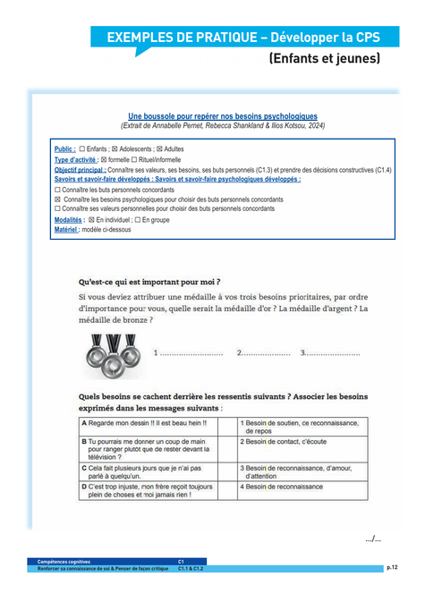 Compétences psychosociales. connaître ses valeurs, ses besoins et ses buts, et prendre des décisions constructives. CPS. Référentiel opérationnel à destination des professionnels experts et formateurs CPS. Fiches d'activités CPS. Béatrice Lamboy.